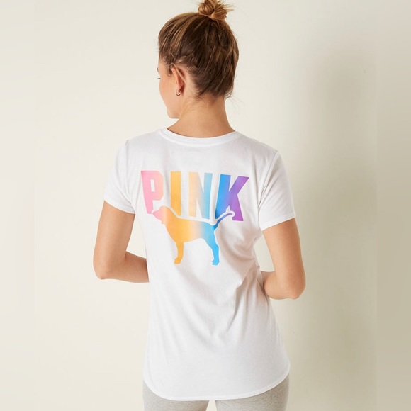 VS Pink Perfect Tee Optic White Rainbow Gradient & Dreamy Pink Seamless Leggings - Picture 5 of 10